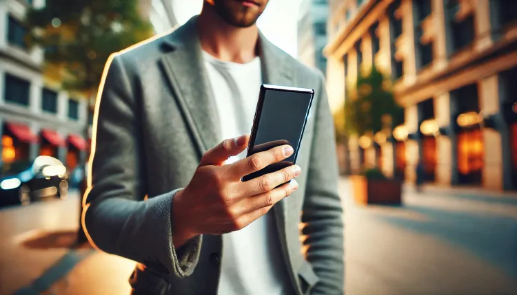تصویری از گوشی موبایل در دست یک مرد